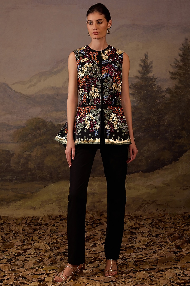 Black Cotton Silk Embroidered Jacket Set by Samant Chauhan at Pernia's Pop Up Shop