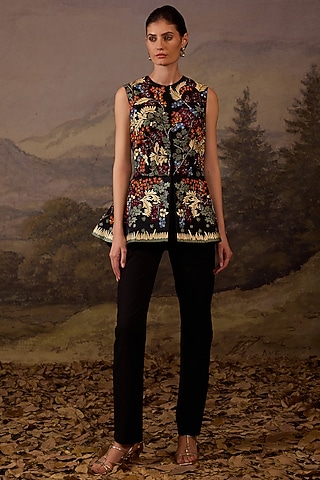 Black Cotton Silk Embroidered Jacket Set by Samant Chauhan