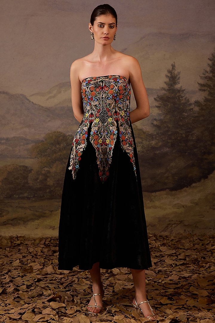 Black Velvet Embroidered Strapless Party Wear Dress by Samant Chauhan at Pernia's Pop Up Shop