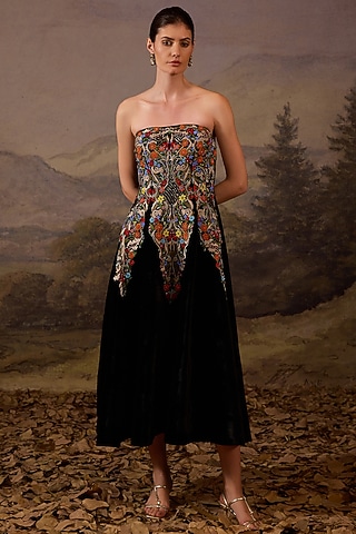 Black Velvet Embroidered Strapless Dress by Samant Chauhan