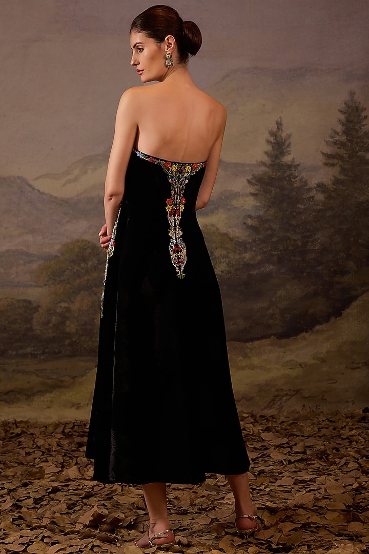 Black Velvet Embroidered Strapless Party Wear Dress by Samant Chauhan at Pernia's Pop Up Shop
