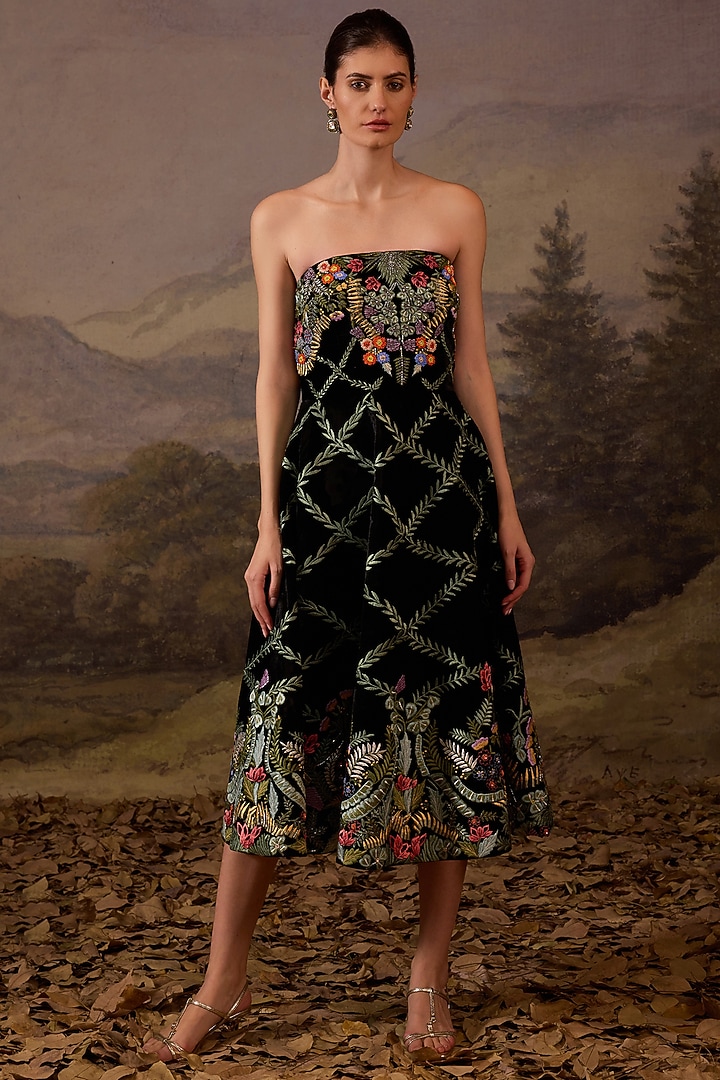Black Velvet Embroidered Strapless Midi Party Wear Dress by Samant Chauhan at Pernia's Pop Up Shop