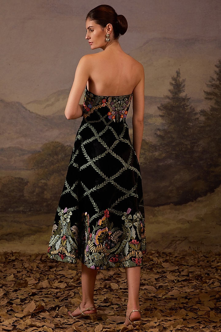 Black Velvet Embroidered Strapless Midi Party Wear Dress by Samant Chauhan at Pernia's Pop Up Shop