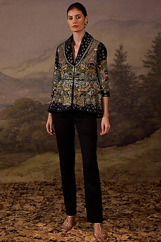 Black Cotton Silk Embroidered Jacket Set by Samant Chauhan