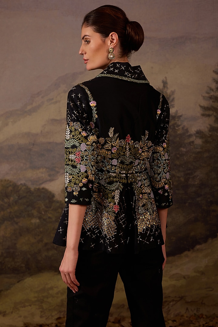 Black Cotton Silk Embroidered Jacket Set by Samant Chauhan at Pernia's Pop Up Shop