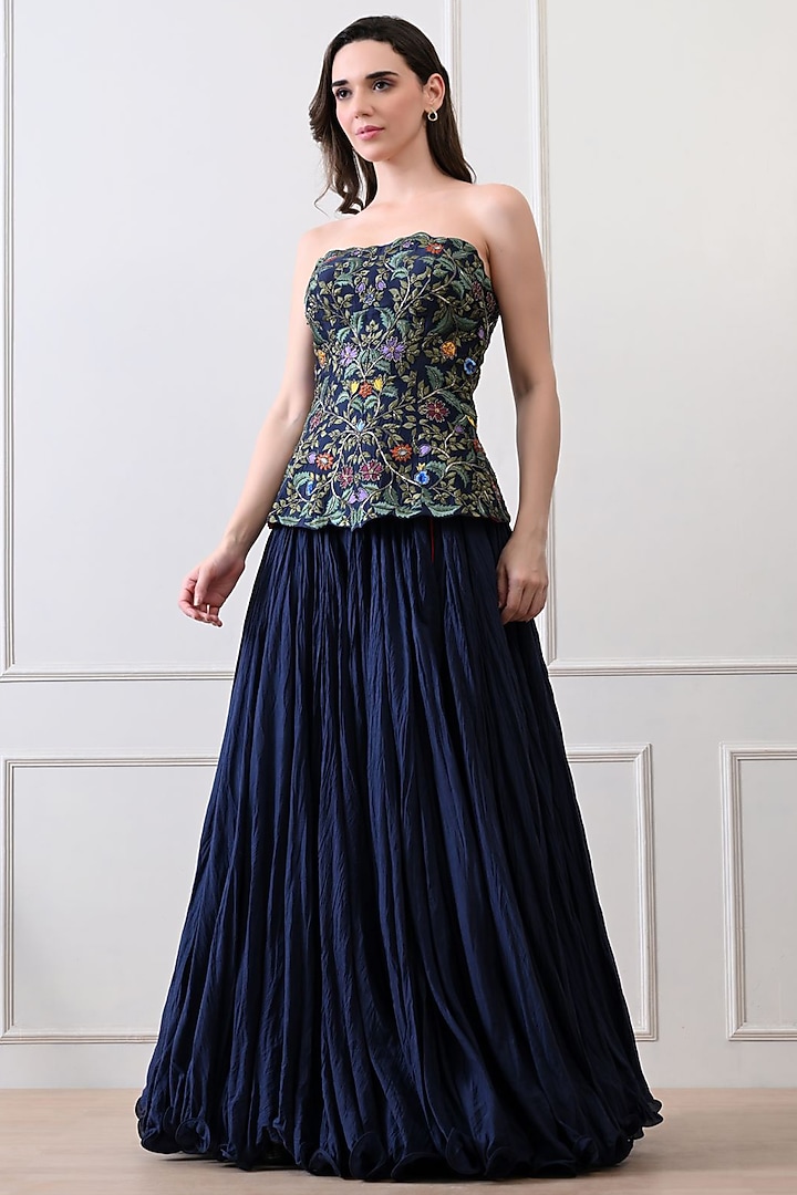 Blue Cotton Silk Skirt Set by Samant Chauhan at Pernia's Pop Up Shop