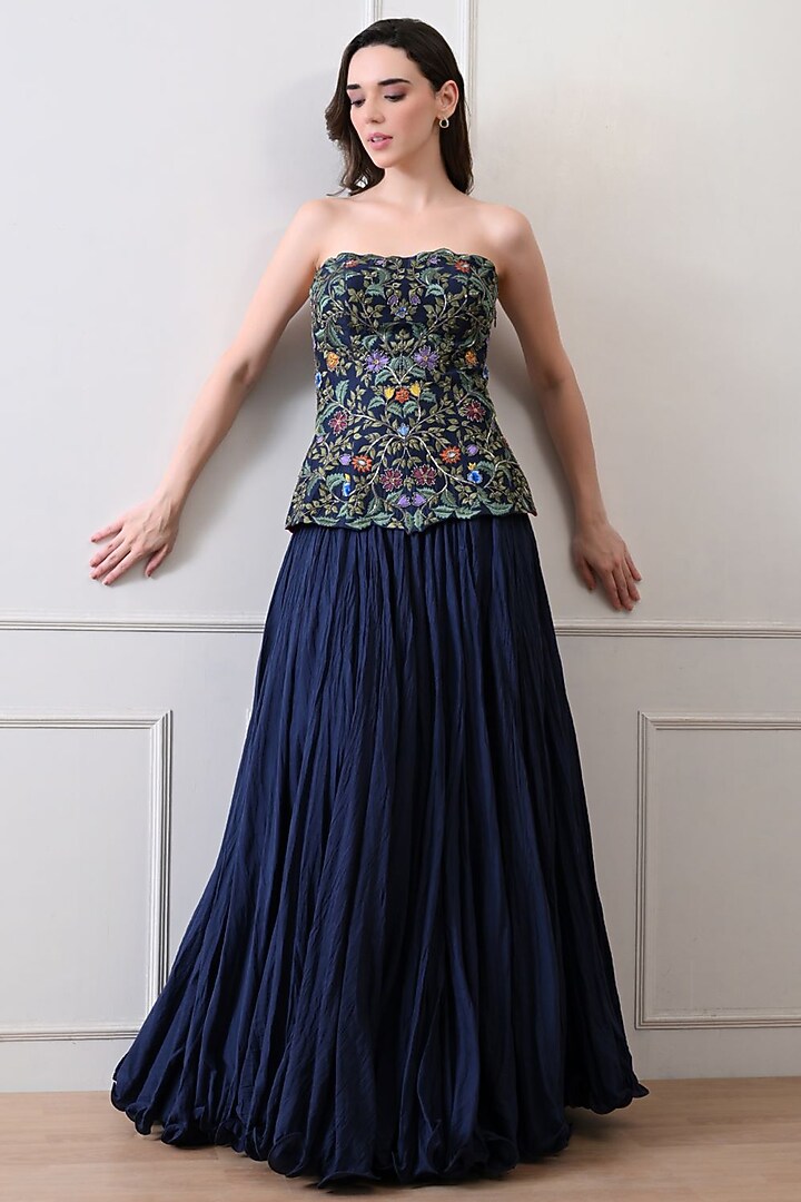 Blue Cotton Silk Skirt Set by Samant Chauhan at Pernia's Pop Up Shop
