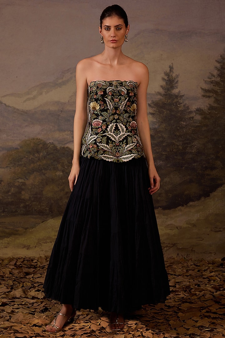 Black Cotton Silk Skirt Set by Samant Chauhan at Pernia's Pop Up Shop