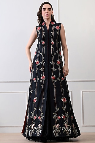 Black Cotton Silk Embroidered Skirt Set by Samant Chauhan