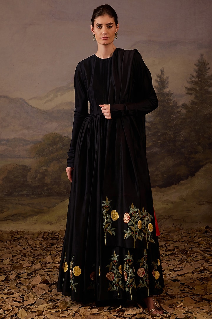 Black Cotton Silk Embroidered Wedding Anarkali Set by Samant Chauhan at Pernia's Pop Up Shop