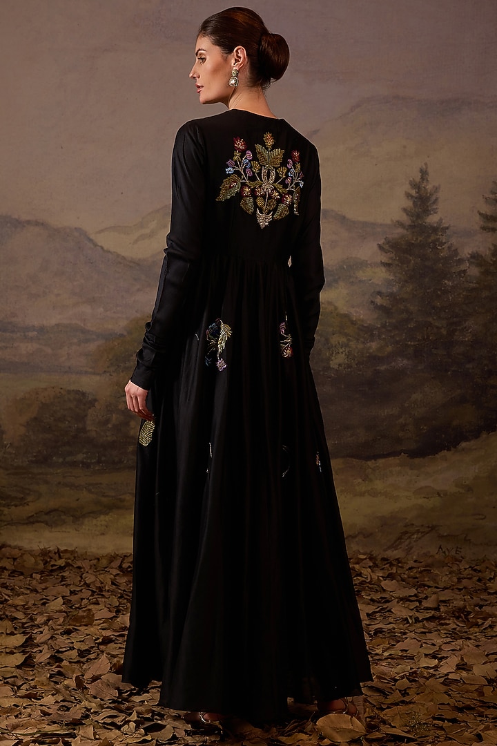 Black Cotton Silk Embroidered Party Wear Dress by Samant Chauhan at Pernia's Pop Up Shop