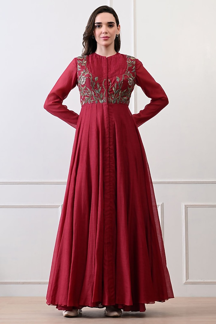 Maroon Chanderi & Cotton Floral Embroidered Wedding Anarkali by Samant Chauhan at Pernia's Pop Up Shop