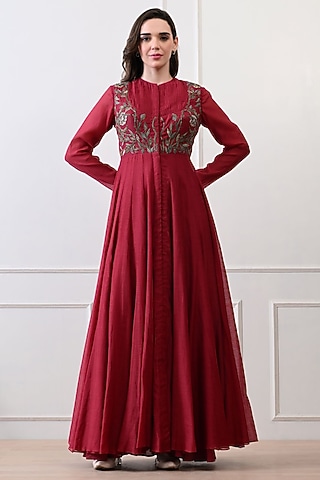 Maroon Chanderi & Cotton Floral Embroidered Anarkali by Samant Chauhan