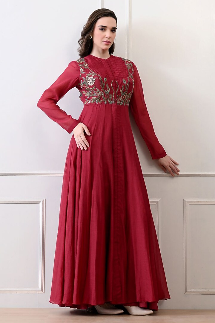 Maroon Chanderi & Cotton Floral Embroidered Wedding Anarkali by Samant Chauhan at Pernia's Pop Up Shop
