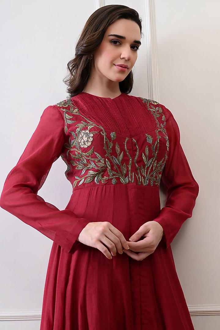 Maroon Chanderi & Cotton Floral Embroidered Wedding Anarkali by Samant Chauhan at Pernia's Pop Up Shop