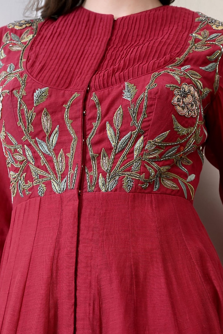 Maroon Chanderi & Cotton Floral Embroidered Wedding Anarkali by Samant Chauhan at Pernia's Pop Up Shop