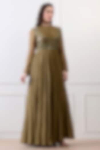 Green Chanderi & Cotton Floral Embroidered Wedding Anarkali by Samant Chauhan at Pernia's Pop Up Shop