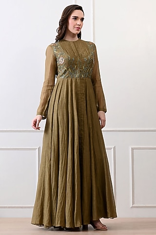 Green Chanderi & Cotton Floral Embroidered Anarkali by Samant Chauhan