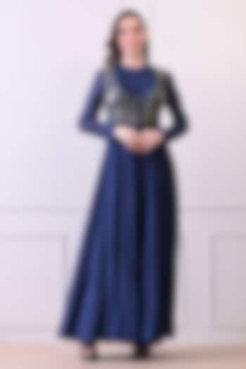 Blue Chanderi & Cotton Floral Embroidered Wedding Anarkali by Samant Chauhan at Pernia's Pop Up Shop