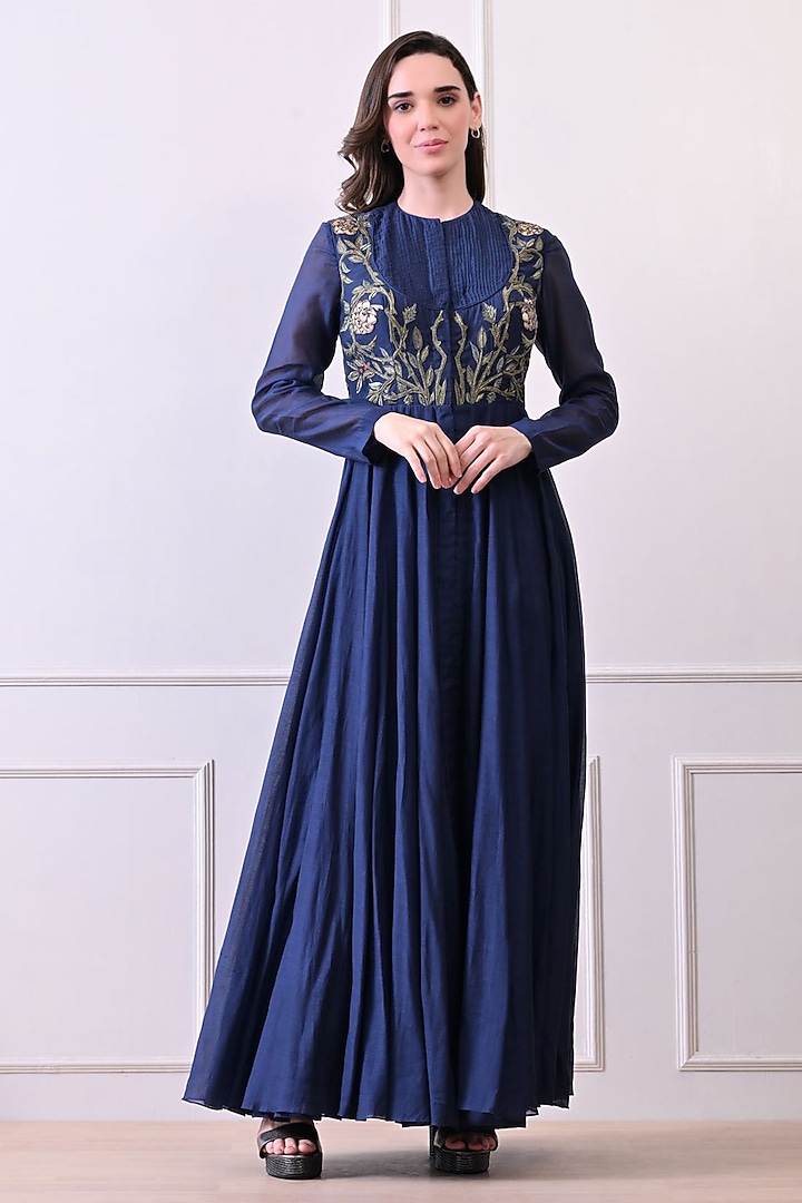 Blue Chanderi & Cotton Floral Embroidered Wedding Anarkali by Samant Chauhan at Pernia's Pop Up Shop