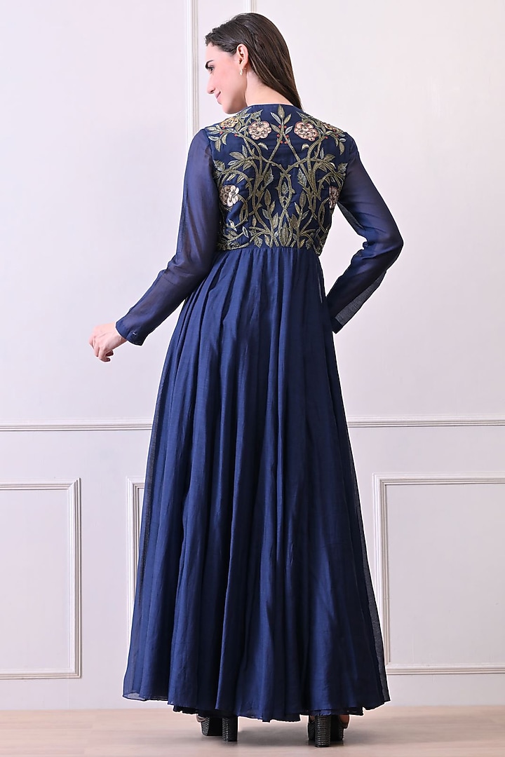 Blue Chanderi & Cotton Floral Embroidered Wedding Anarkali by Samant Chauhan at Pernia's Pop Up Shop