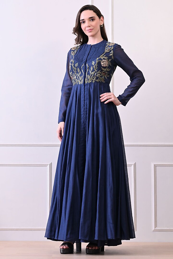 Blue Chanderi & Cotton Floral Embroidered Wedding Anarkali by Samant Chauhan at Pernia's Pop Up Shop