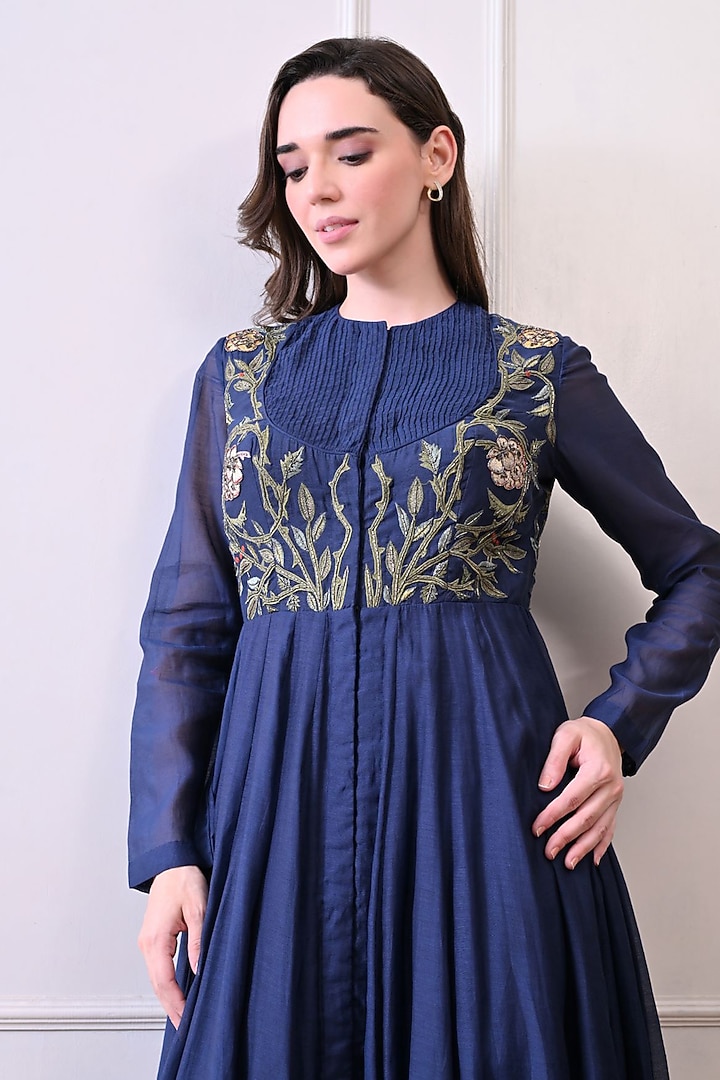 Blue Chanderi & Cotton Floral Embroidered Wedding Anarkali by Samant Chauhan at Pernia's Pop Up Shop
