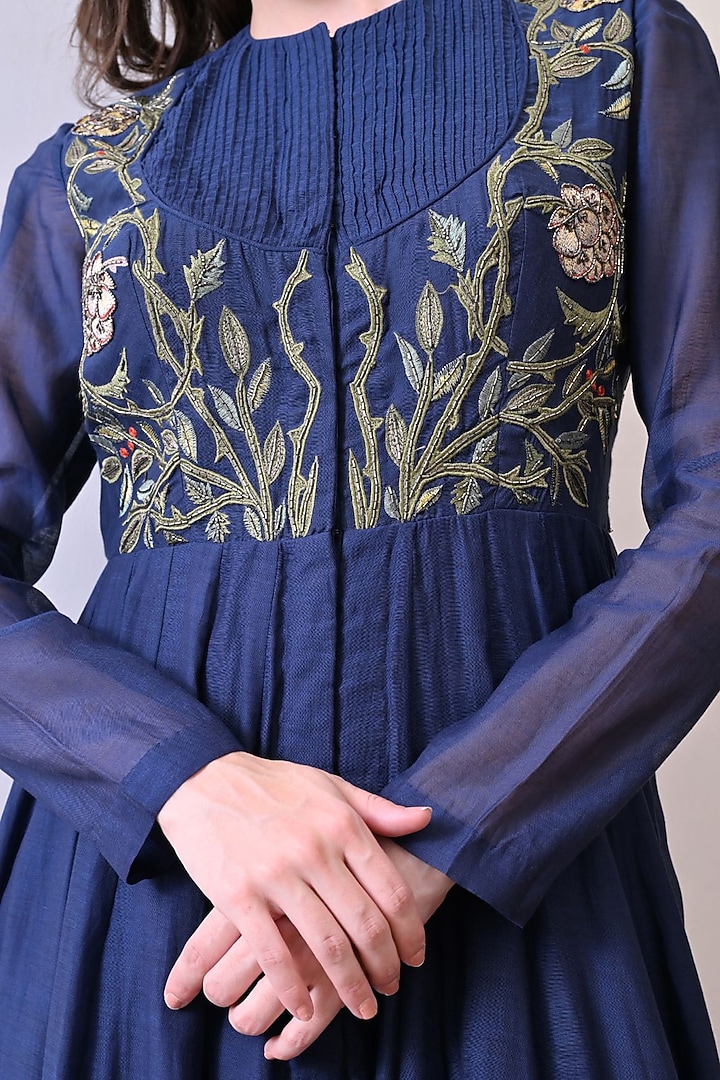 Blue Chanderi & Cotton Floral Embroidered Wedding Anarkali by Samant Chauhan at Pernia's Pop Up Shop