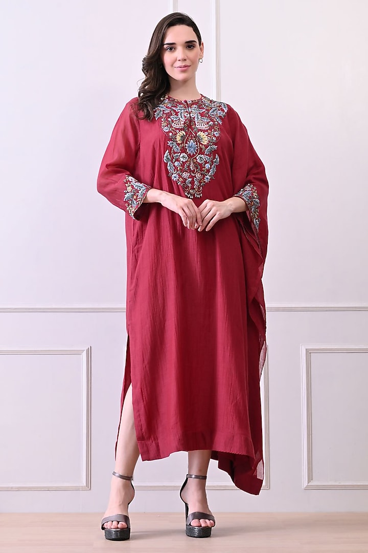 Maroon Organza Embroidered Kaftan Dress by Samant Chauhan at Pernia's Pop Up Shop