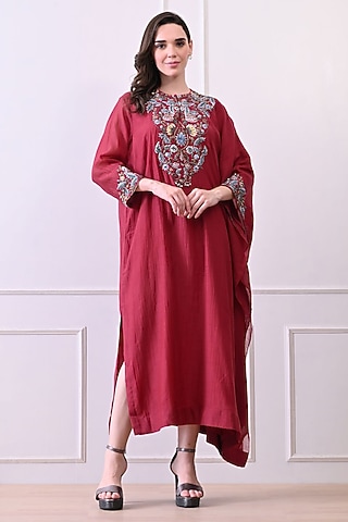 Maroon Organza Embroidered Kaftan Dress by Samant Chauhan