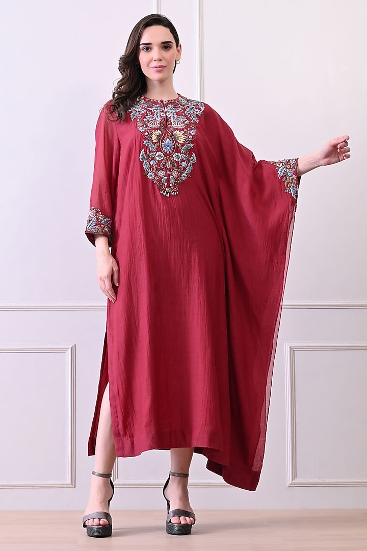 Maroon Organza Embroidered Kaftan Dress by Samant Chauhan at Pernia's Pop Up Shop