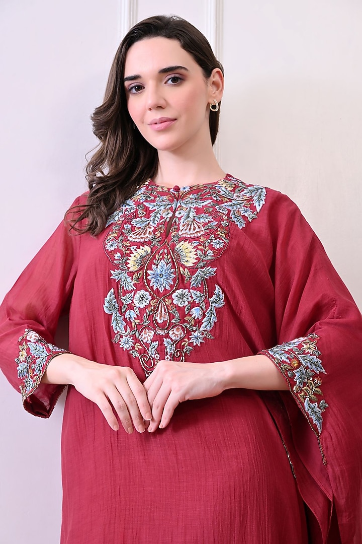 Maroon Organza Embroidered Kaftan Dress by Samant Chauhan at Pernia's Pop Up Shop