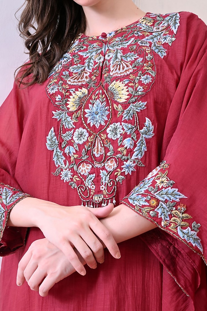 Maroon Organza Embroidered Kaftan Dress by Samant Chauhan at Pernia's Pop Up Shop