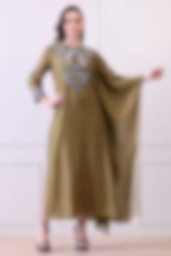 Olive Green Organza Embroidered Kaftan Dress by Samant Chauhan at Pernia's Pop Up Shop