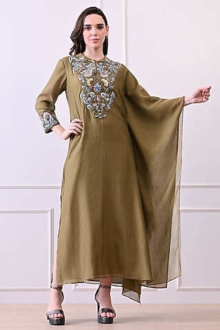 Olive Green Organza Embroidered Kaftan Dress by Samant Chauhan