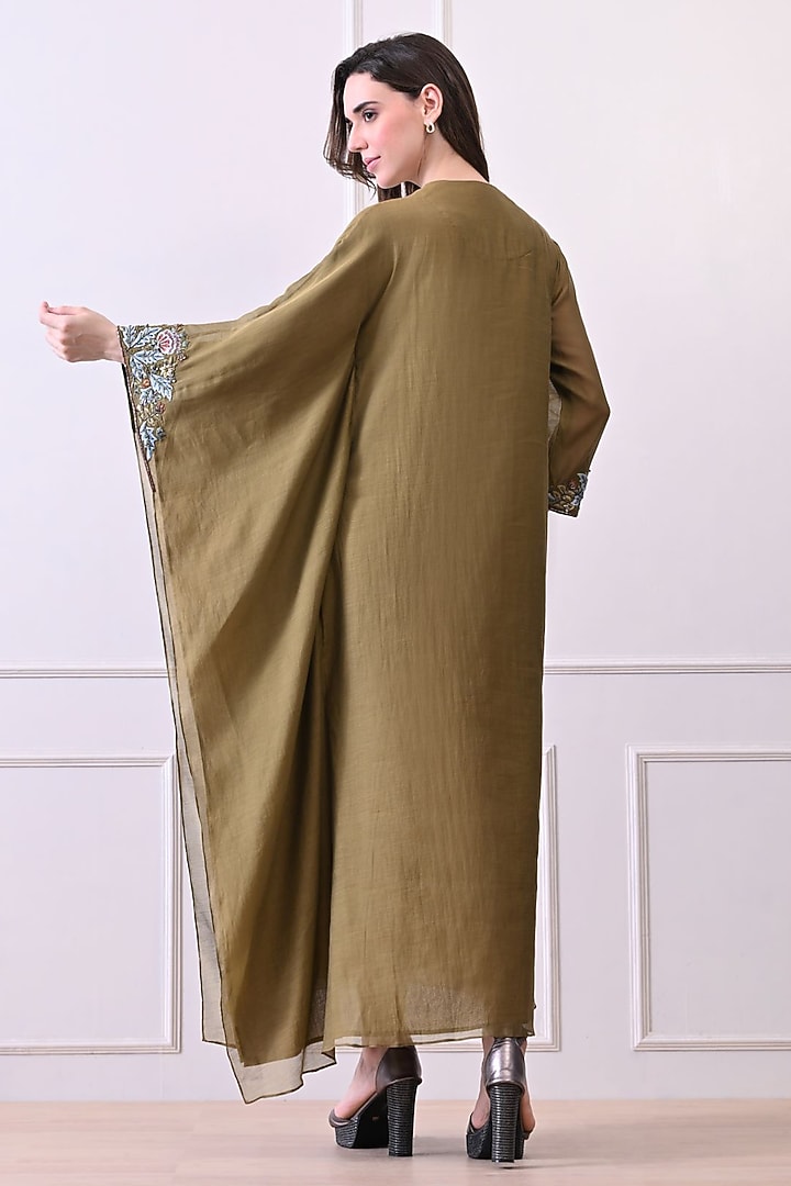 Olive Green Organza Embroidered Kaftan Dress by Samant Chauhan at Pernia's Pop Up Shop