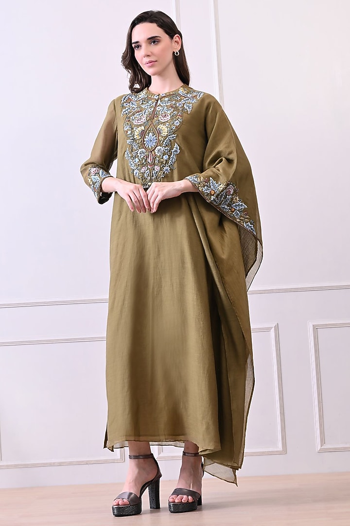 Olive Green Organza Embroidered Kaftan Dress by Samant Chauhan at Pernia's Pop Up Shop