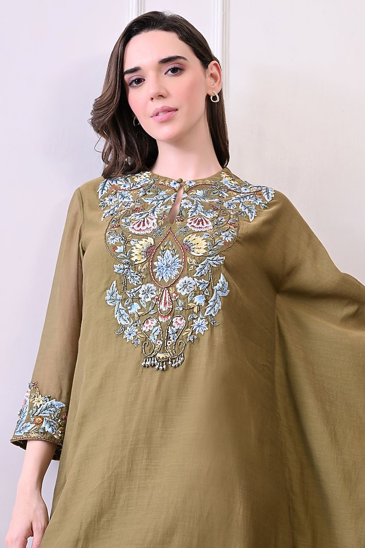 Olive Green Organza Embroidered Kaftan Dress by Samant Chauhan at Pernia's Pop Up Shop