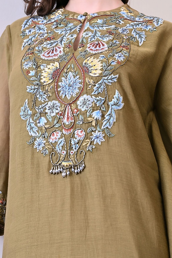 Olive Green Organza Embroidered Kaftan Dress by Samant Chauhan at Pernia's Pop Up Shop