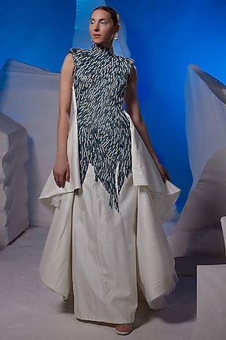 Off-White Cotton Silk & Net Maxi Dress by Samant Chauhan