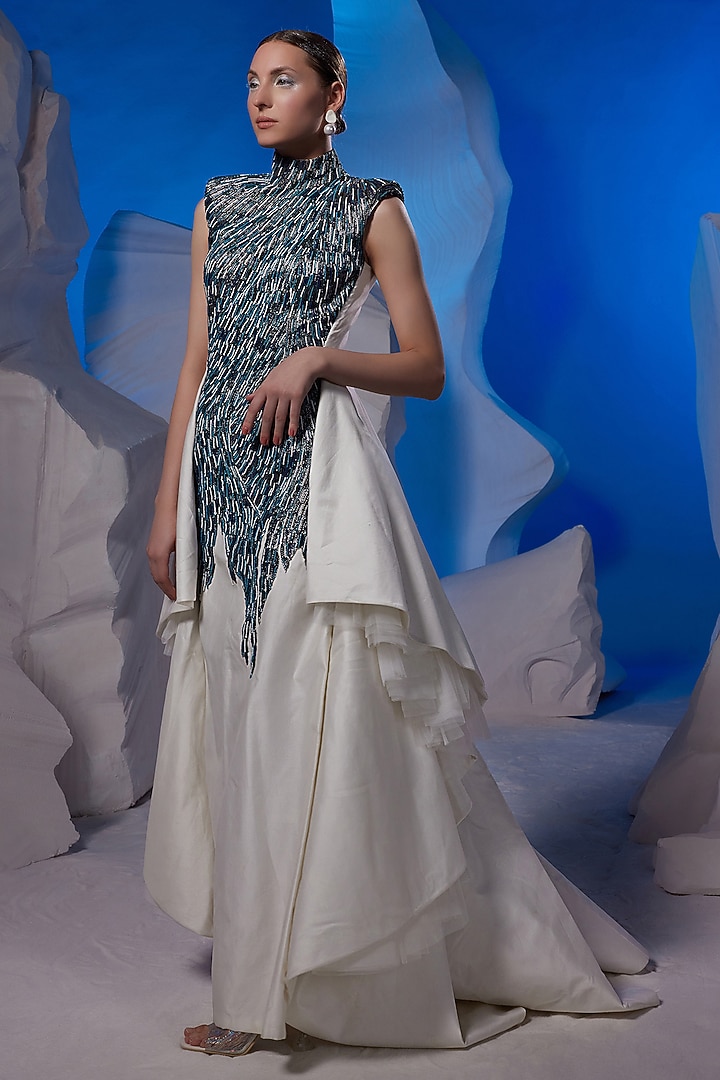 Off-White Cotton Silk & Net Maxi Party Wear Dress by Samant Chauhan at Pernia's Pop Up Shop
