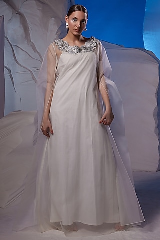 Ivory Cotton Silk & Organza Kaftan by Samant Chauhan