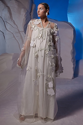 Ivory Cotton Silk & Organza Kaftan by Samant Chauhan