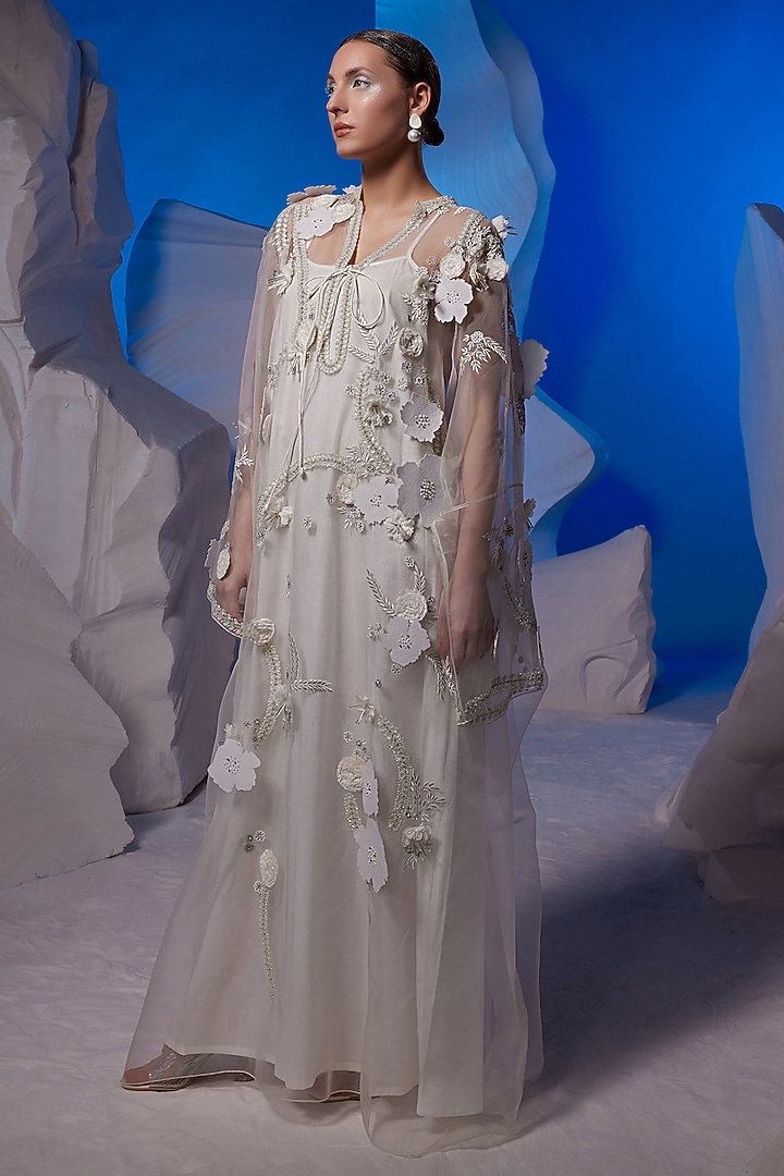 Ivory Cotton Silk & Organza Kaftan by Samant Chauhan at Pernia's Pop Up Shop