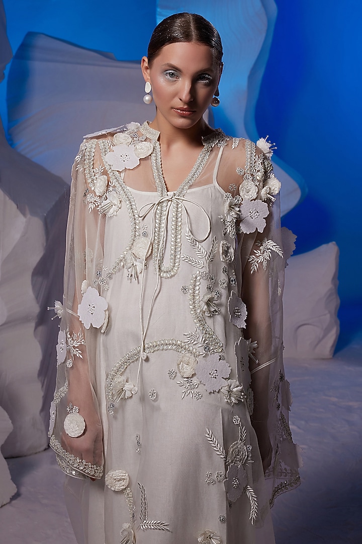 Ivory Cotton Silk & Organza Kaftan by Samant Chauhan at Pernia's Pop Up Shop