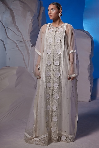 Ivory Cotton Silk & Organza Kaftan by Samant Chauhan