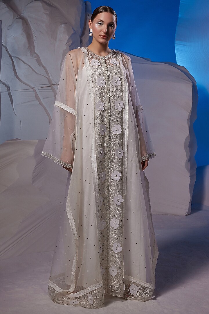 Ivory Cotton Silk & Organza Kaftan by Samant Chauhan at Pernia's Pop Up Shop