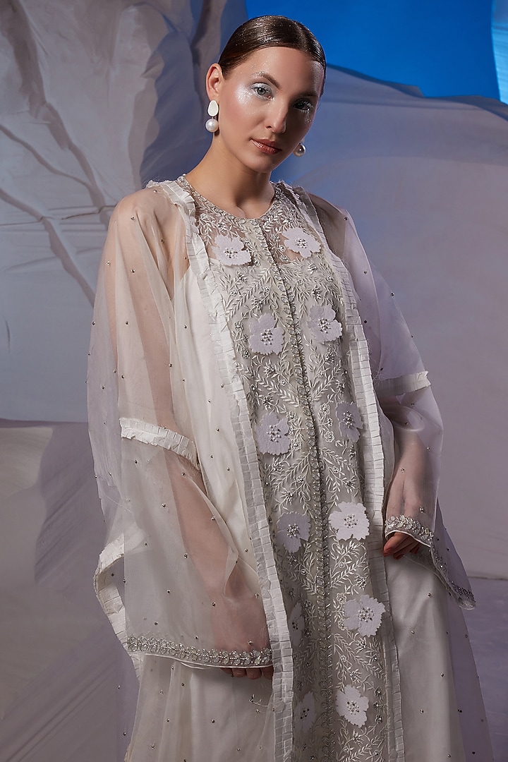 Ivory Cotton Silk & Organza Kaftan by Samant Chauhan at Pernia's Pop Up Shop