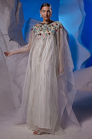 Ivory Cotton Silk & Organza Kaftan by Samant Chauhan