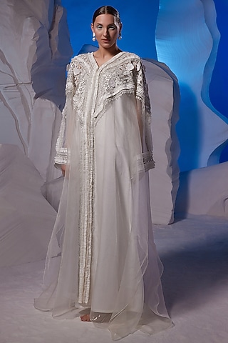 Ivory Cotton Silk & Organza Kaftan by Samant Chauhan
